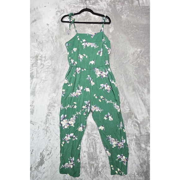 Jase Pants - Jase Green Floral Tie Shoulder Jumpsuit Medium Elastic Waist Pockets